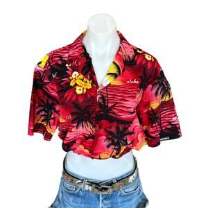 Hawaiian Shirt Button Down Crop Top One Size Boxy Coconutgirl Sunset Cotton Red
